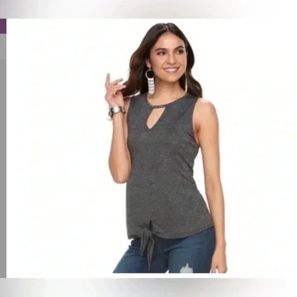 Jennifer Lopez NWT Tie Front Keyhole Tank Top Grey Size Medium - Picture 1 of 9